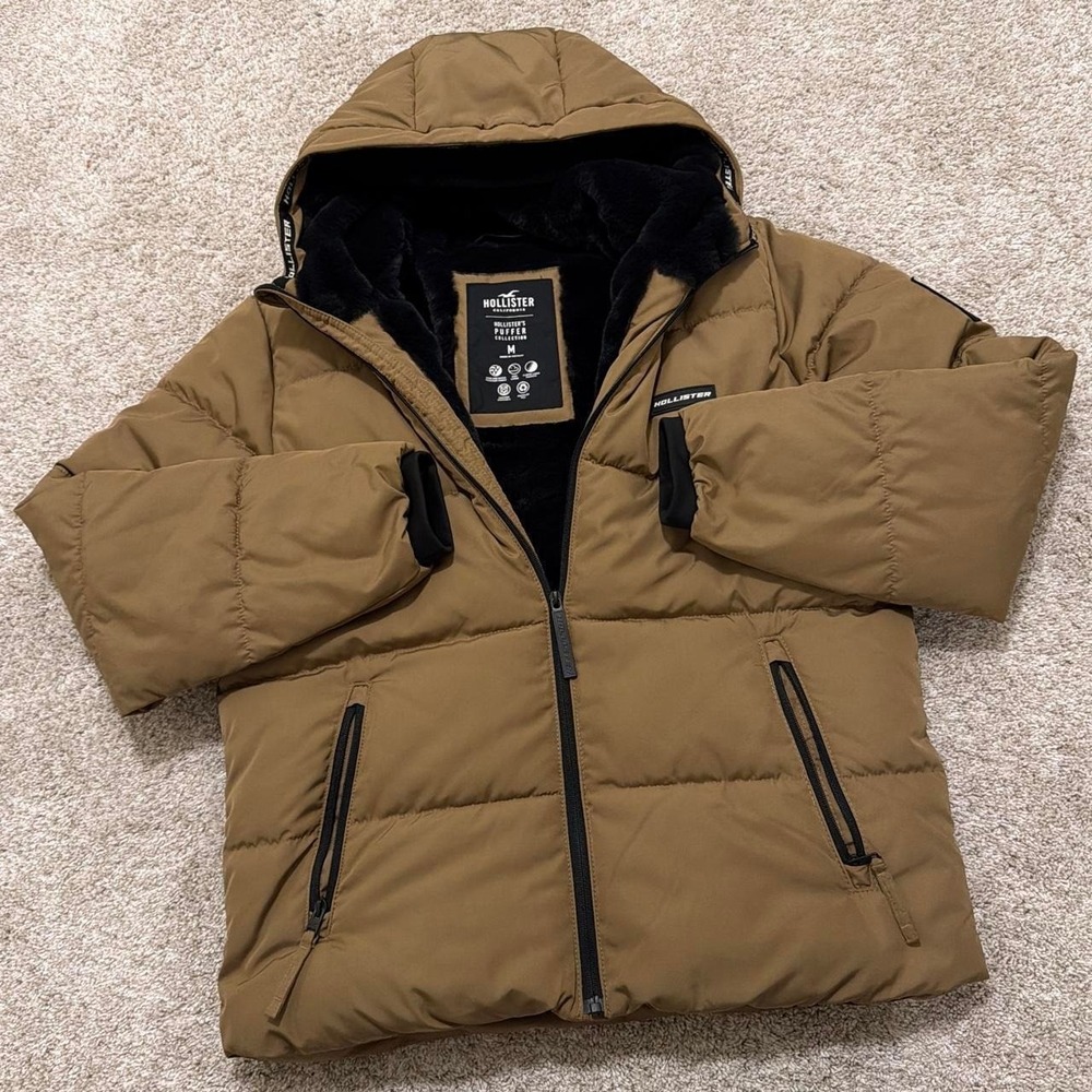 Hollister Puffer Collection Faux Fur Lined Hooded Jacket | Camel Brown | Medium